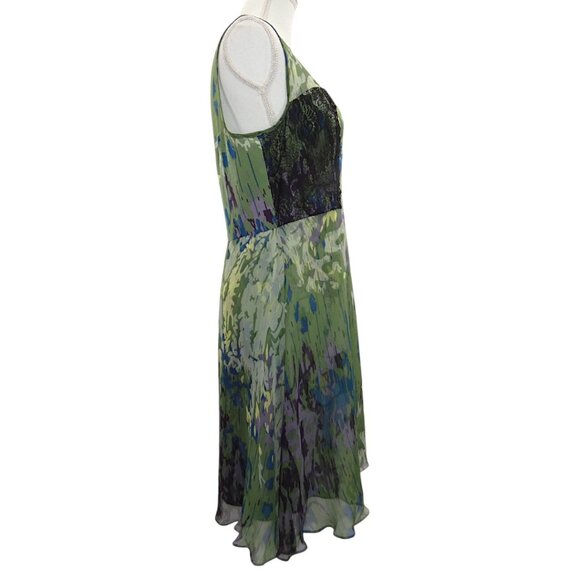 Vessel by Timo  Flowy 100% Silk Green Abstract Print Lace Inset Dress Size 12 - Picture 8 of 12